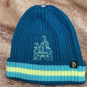 Disney Beanie Hat Blue Fitted Magic Kingdom Castle Embroidered Ribbed Knit
